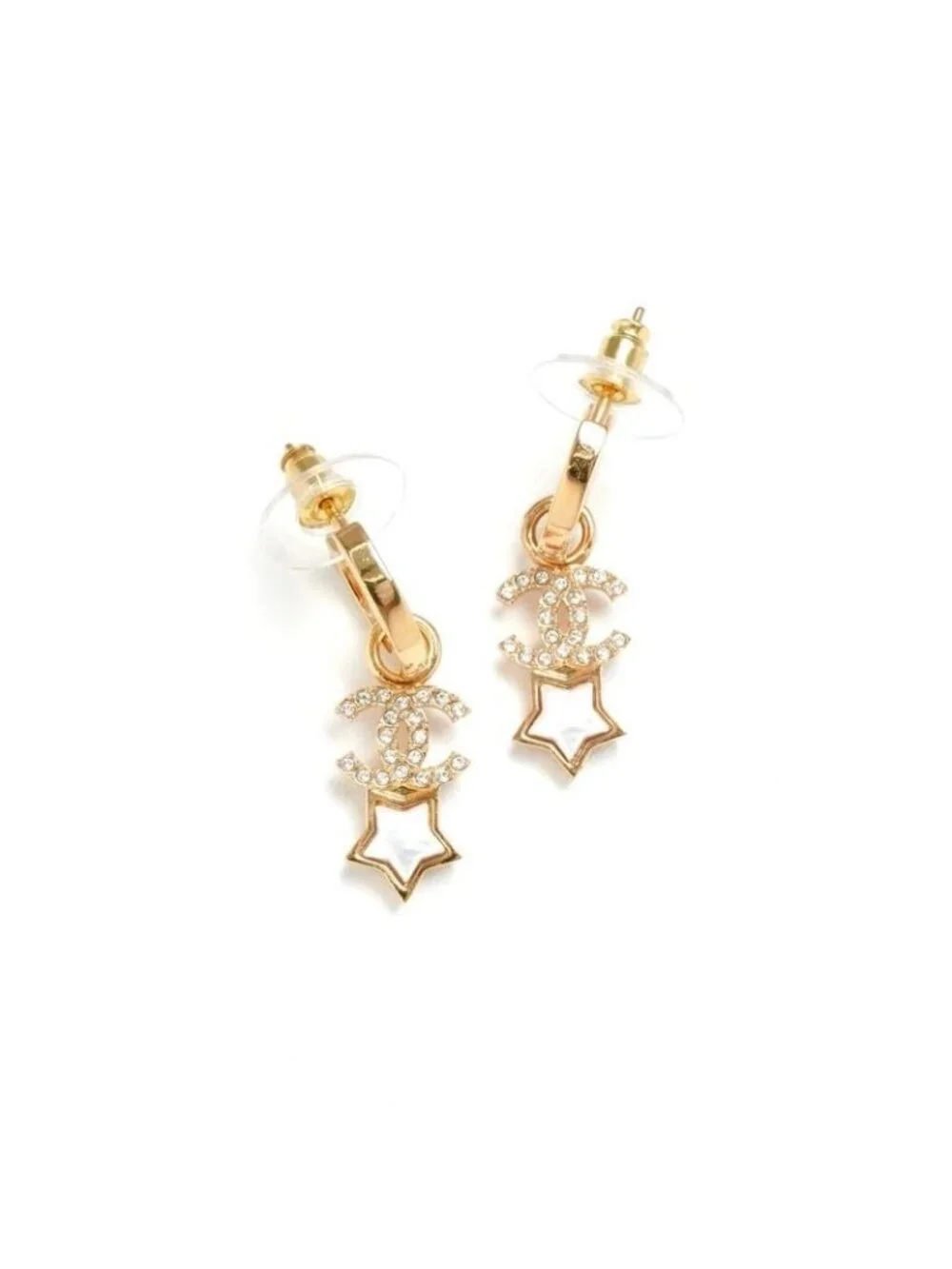 Chanel Earrings Gold Coco Mark Star Hoop Rhinestone